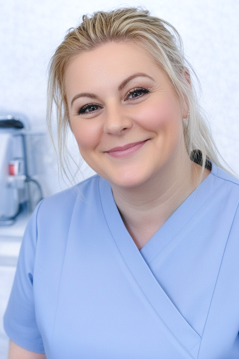 Amanda in a blue smock.
